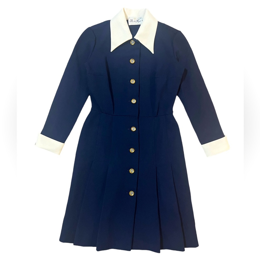 Vintage 60s Butte Collared Button Front Dress Pleated Skirt Brass Button Cuffs